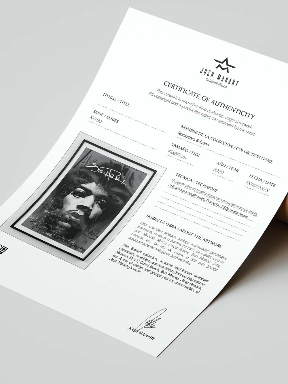 Hendrix Poster Certificate of Authenticity - Josh Mahaby Pop Art