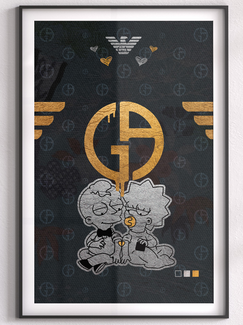 Gold Armani Logo with Maggie Simpsons Poster Pop Art Style Josh Mahaby