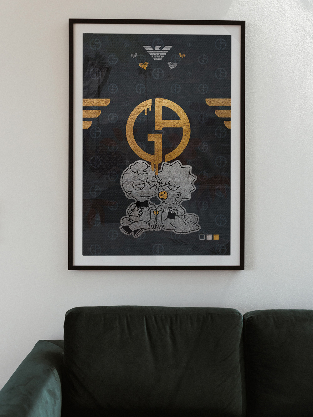 Gold Armani Logo with Maggie Simpsons Poster Pop Art Style Josh Mahaby