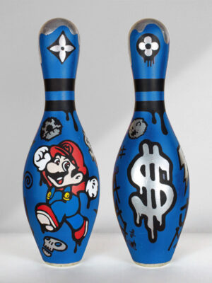Blue Bowling Pin Art with Mario Bros Hand Painted by Josh Mahaby Pop Art Style