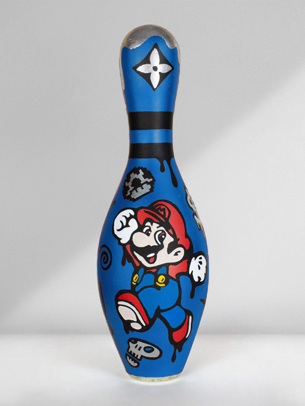 Blue Bowling Pin Art with Mario Bros Hand Painted by Josh Mahaby Pop Art Style