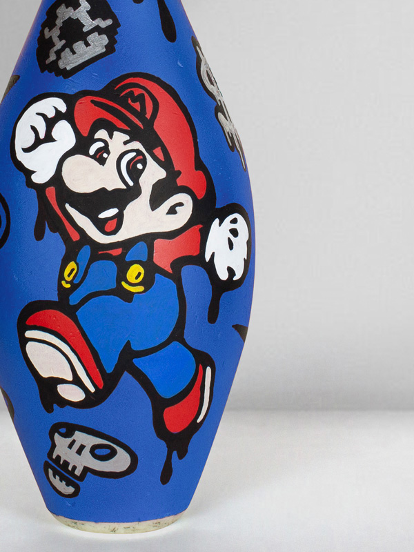 Blue Bowling Pin Art with Mario Bros Hand Painted by Josh Mahaby Pop Art Style