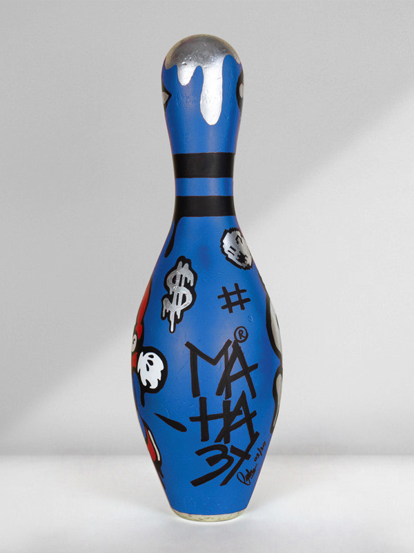 Blue Bowling Pin Art with Mario Bros Hand Painted by Josh Mahaby Pop Art Style