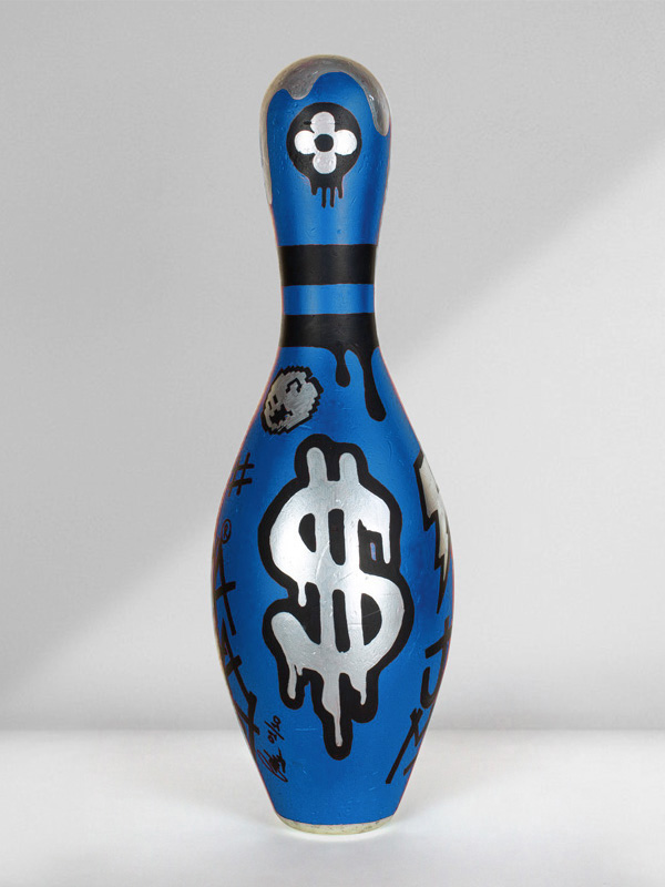 Blue Bowling Pin Art with Mario Bros Hand Painted by Josh Mahaby Pop Art Style