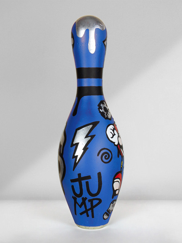 Blue Bowling Pin Art with Mario Bros Hand Painted by Josh Mahaby Pop Art Style