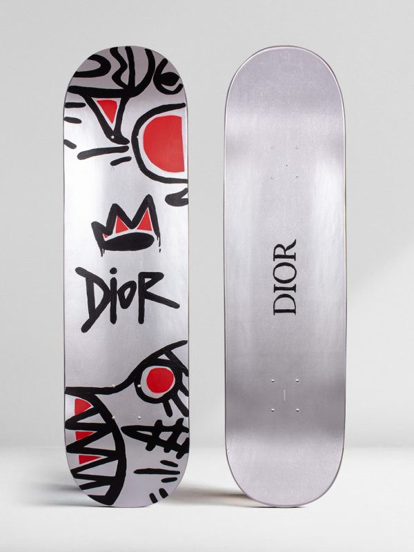 Dior Graffiti Logo over Silver Skate Deck Josh Mahaby Pop Art