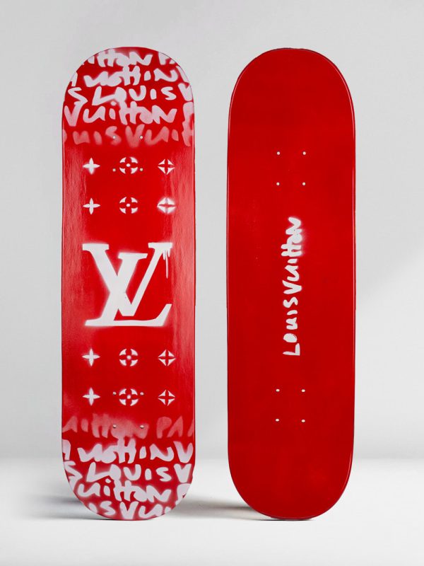 Louis Vuitton Graffiti logo on Red Skate Deck by Josh Mahaby Artist