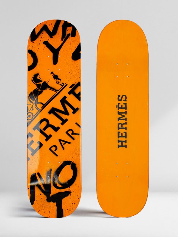 Hermes Graffiti Logo Pop Art on Skate Deck by Josh Mahaby Pop Artist