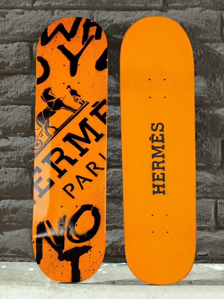 Hermes Graffiti Logo Pop Art on Skate Deck by Josh Mahaby Pop Artist