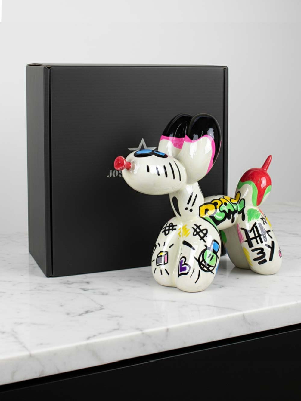 White Balloon Dog With colour Graffiti by Josh Mahaby Art