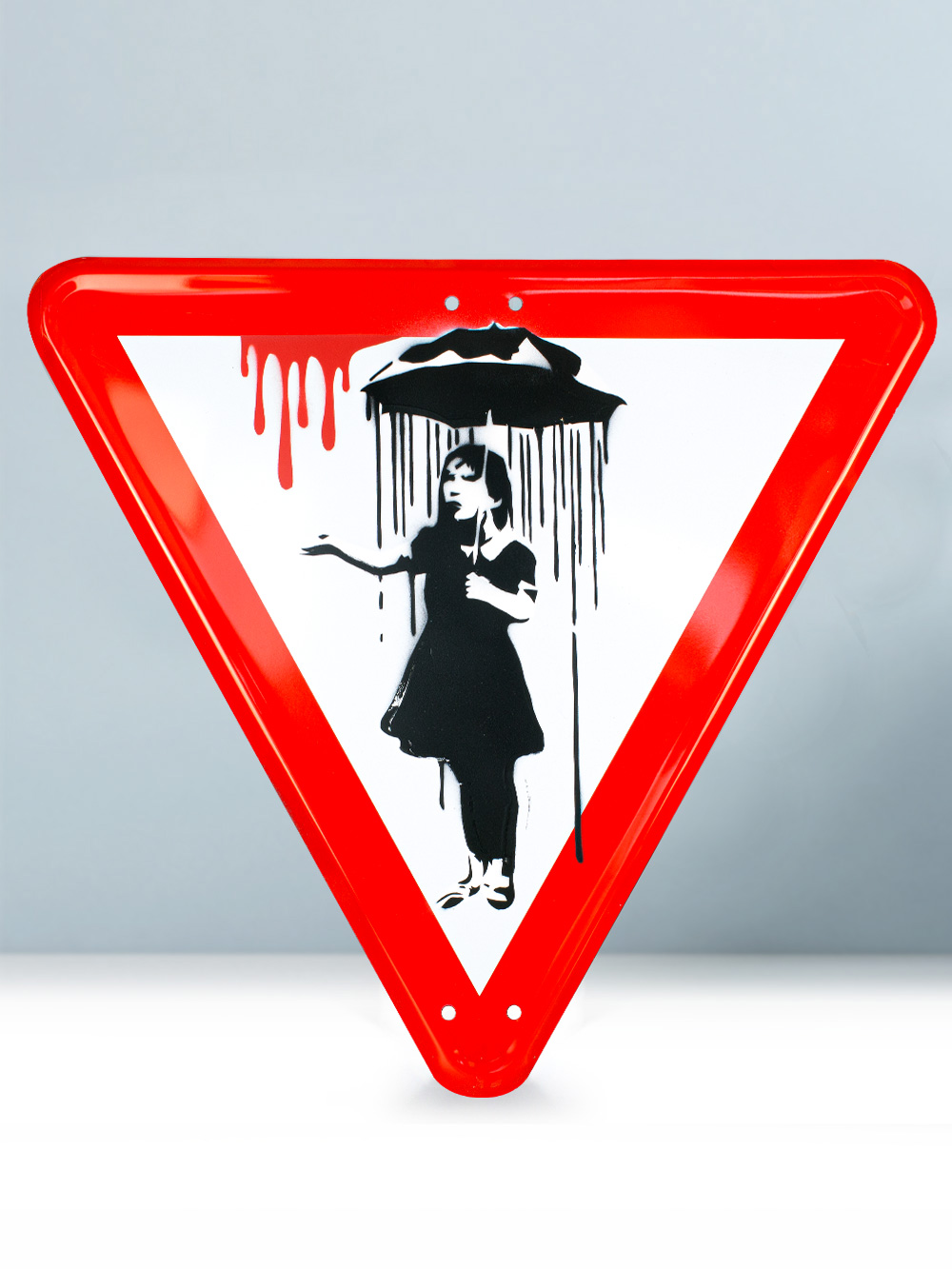 Banksy Umbrella Girl on Road Sign Josh Mahaby Artist