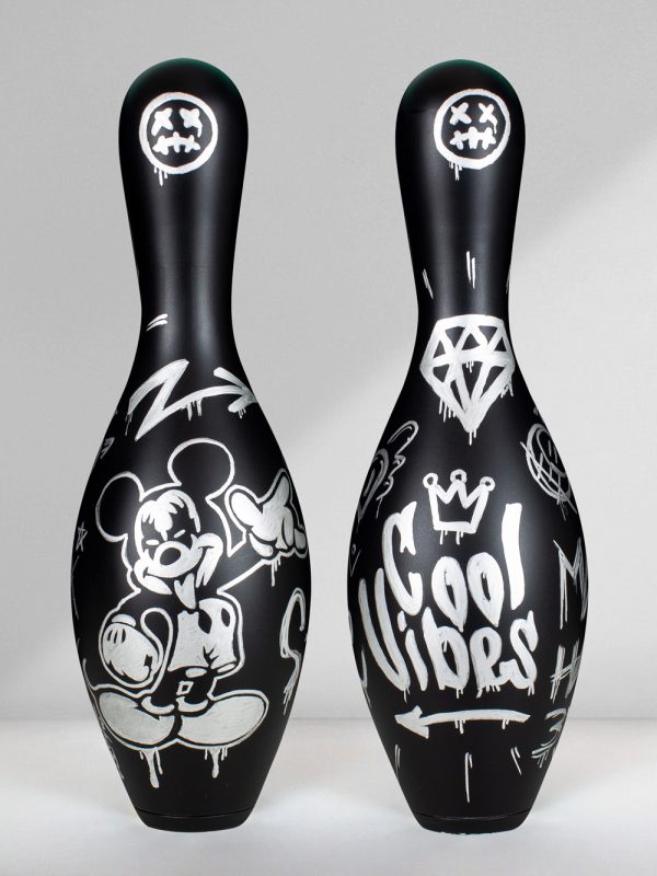 Pop Art Mickey Rock Black Bowling Pin by Jos Mahaby