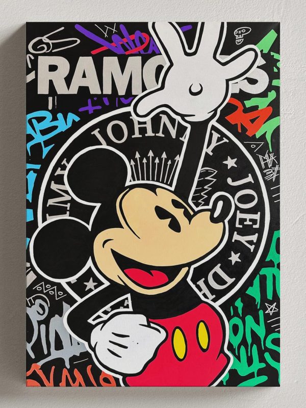 Mickey Mouse Pop art painting with ramones logo on black canvas by Josh Mahaby Art Gallery