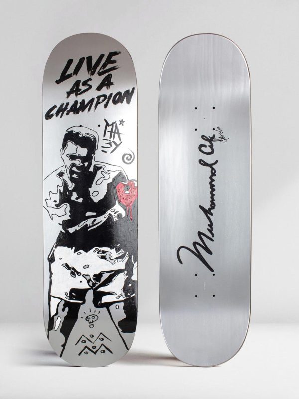 Muhammad Ali on Silver Skateboard art painted pop art style by Josh Mahaby