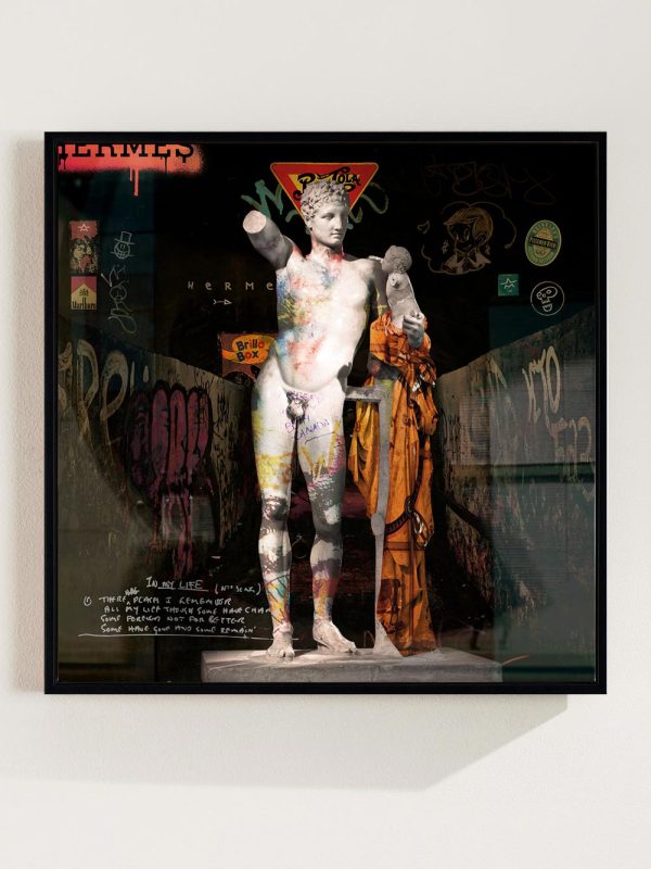 Hermes greek statue sculpture with hermes luxury brand logo pop art by Josh Mahaby