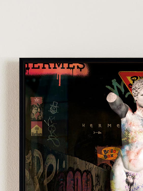 Hermes greek statue sculpture with hermes luxury brand logo pop art by Josh Mahaby