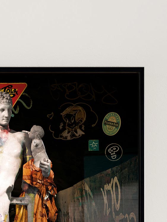 Hermes greek statue sculpture with hermes luxury brand logo pop art by Josh Mahaby