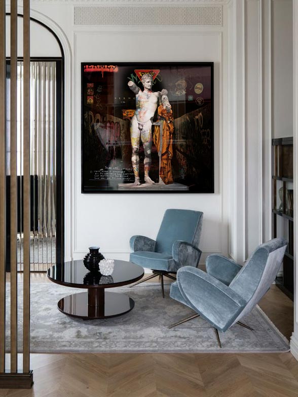 Hermes greek statue sculpture with hermes luxury brand logo pop art by Josh Mahaby