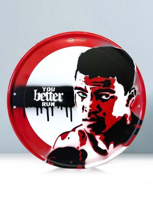 Muhammad Ali Road Sign paint with stencil and acrylics by Josh Mahaby Pop Art